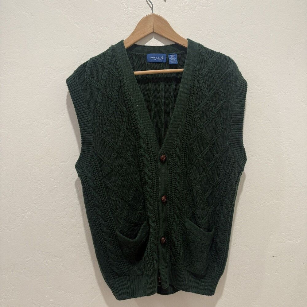 Towncraft Womens Vest L Large 42-44 Green Button Up V Neck Sleeveless Sweater